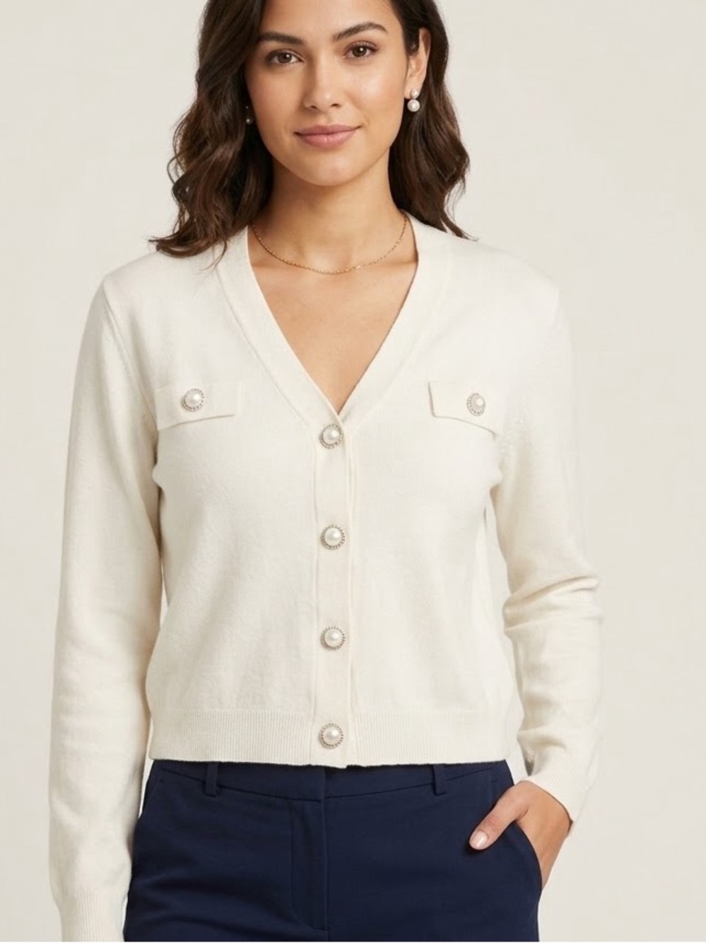 Tahari Ivory Pearl Button fine knit cardigan, uniquely cropped L fots like M/L